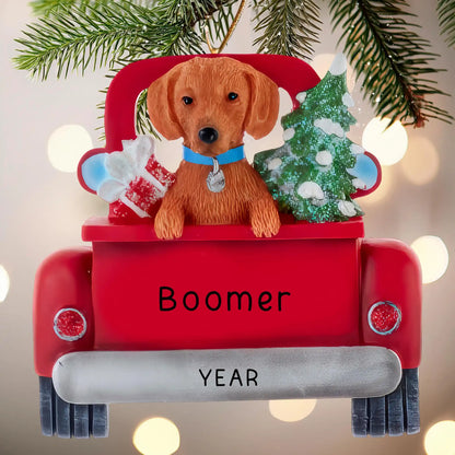 Adorno navideño de perro salchicha marrón - Camión vintage