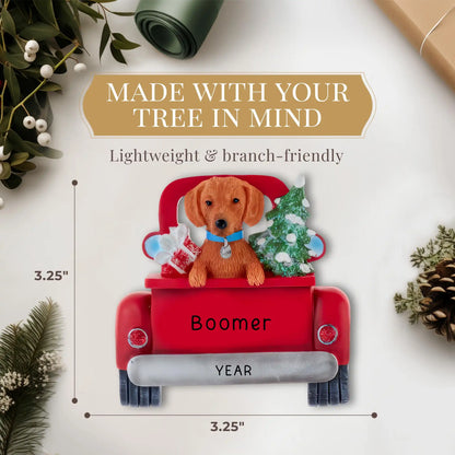 Adorno navideño de perro salchicha marrón - Camión vintage