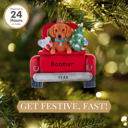Adorno navideño de perro salchicha marrón - Camión vintage
