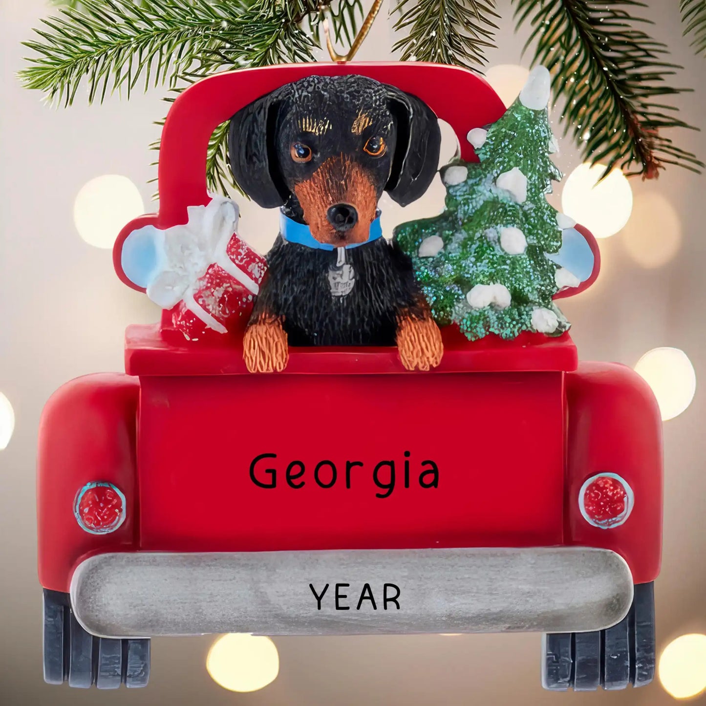 Adorno navideño de perro salchicha negro - Camión vintage