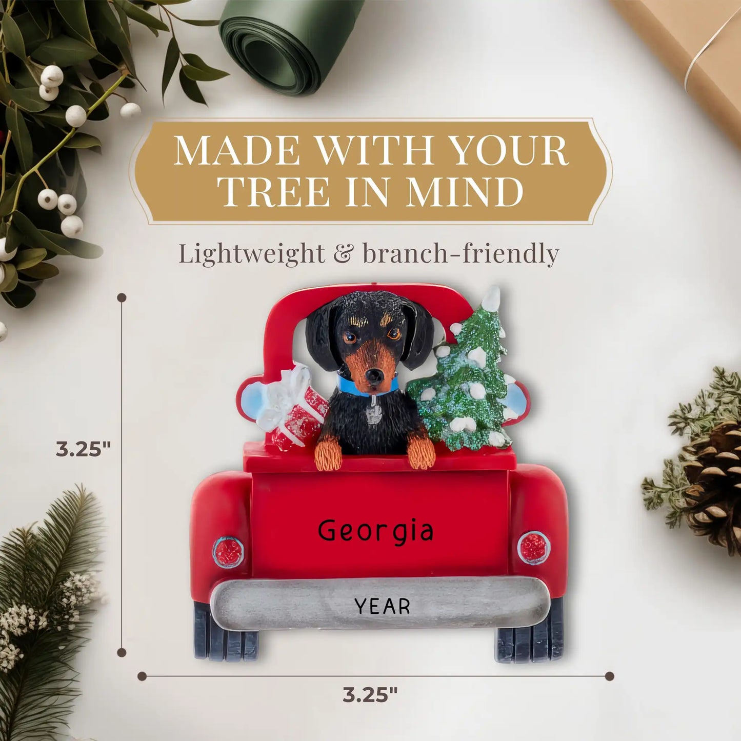 Adorno navideño de perro salchicha negro - Camión vintage