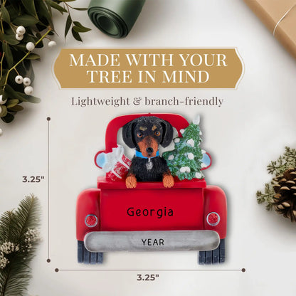 Adorno navideño de perro salchicha negro - Camión vintage