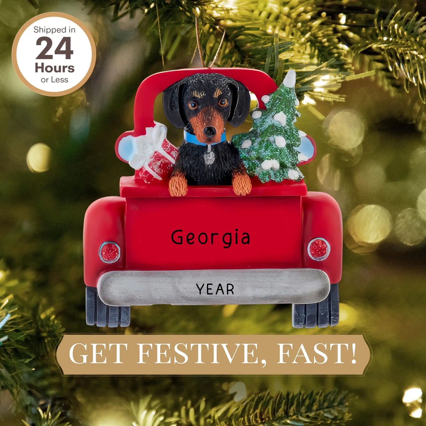 Adorno navideño de perro salchicha negro - Camión vintage