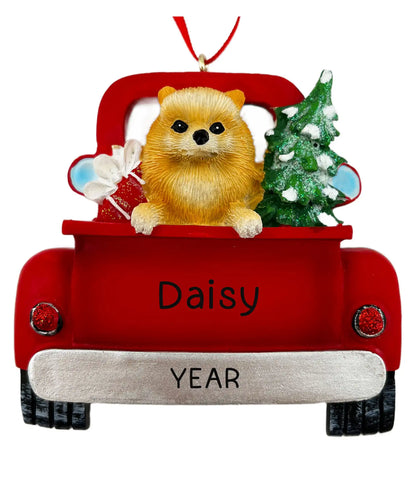 Pomeranian in Vintage Truck Christmas Ornament