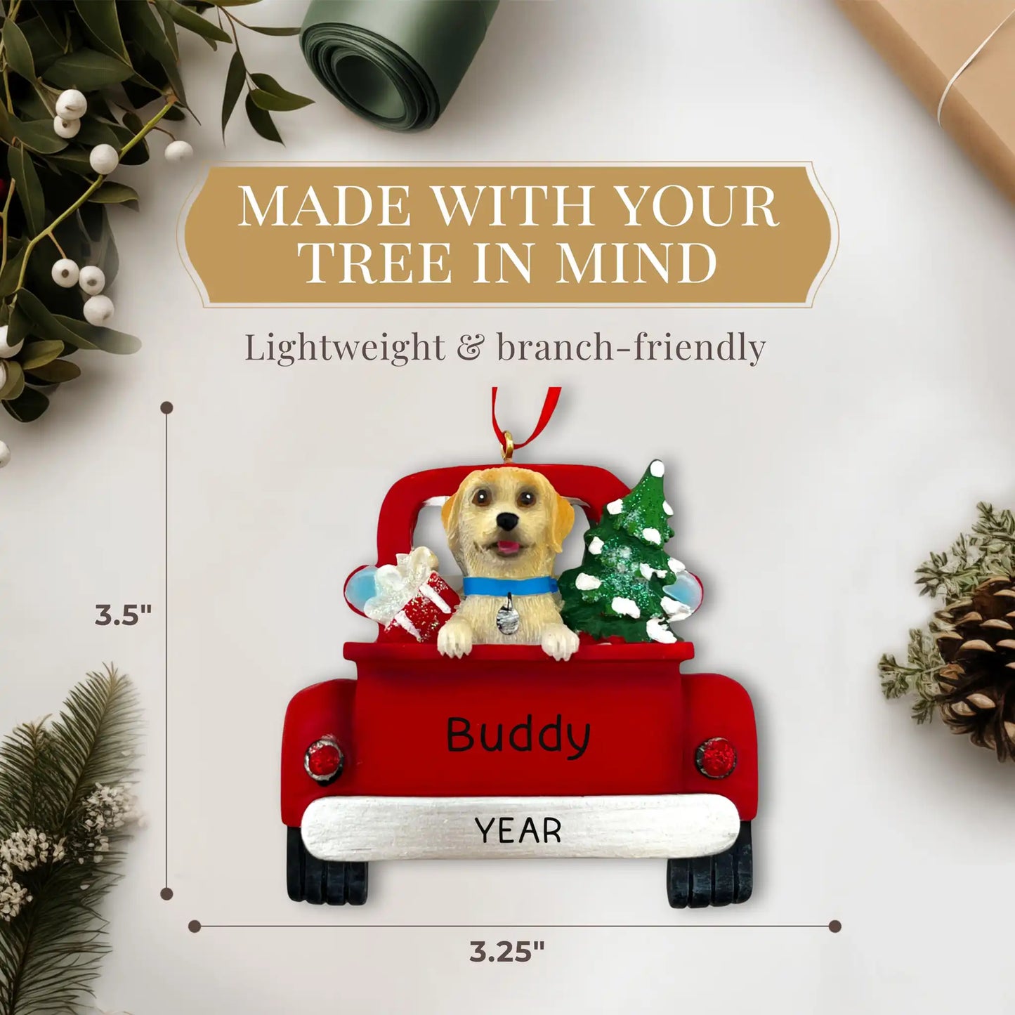 Yellow Labrador in Vintage Truck Christmas Ornament