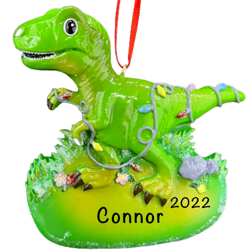 Personalized T-Rex dinosaur Christmas ornament holding a gift, from My Ornament.