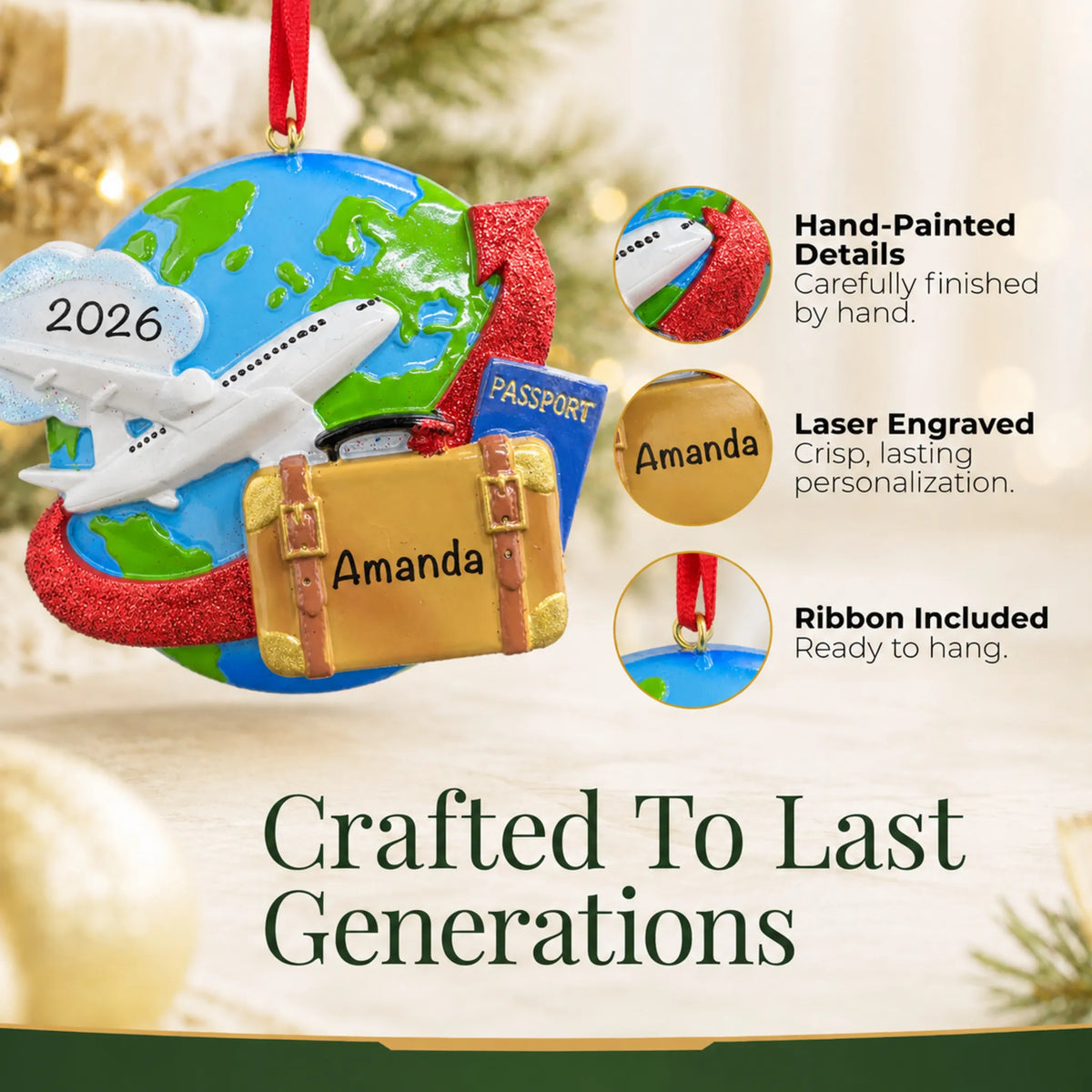 Hand-painted details and laser engraved personalization on the travel christmas ornament, ribbon included