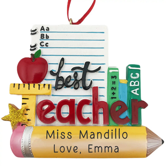 Personalized best teacher stationery ornament, laser engraved with name, message and date