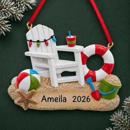 Personalized Adirondack beach chair christmas ornament on a dark green pine background