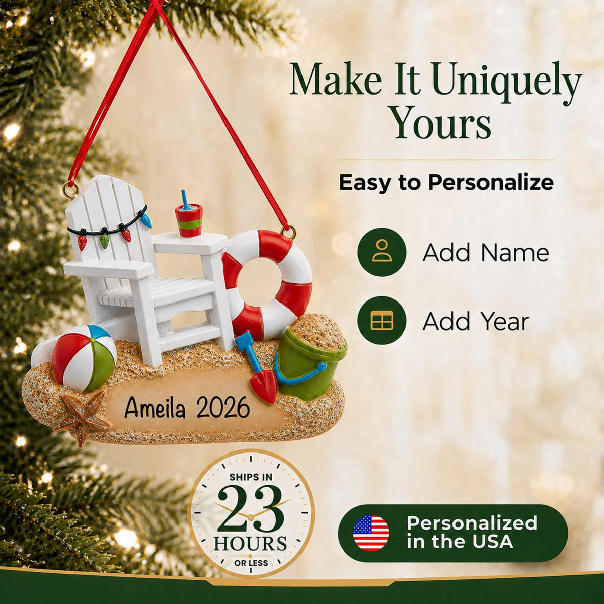 Make it yours: add name and year to the personalized Adirondack beach chair christmas ornament