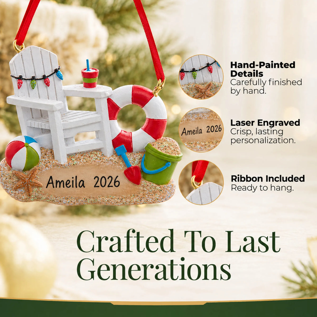 Hand-painted details and laser engraved personalization on the Adirondack beach chair christmas ornament, ribbon included