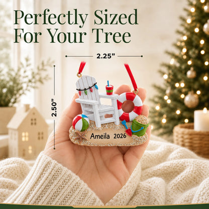 Size guide: the personalized Adirondack beach chair christmas ornament is 2.25 in wide by 2.50 in tall, shown in hand