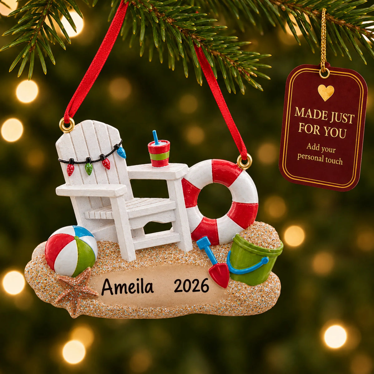 Adirondack beach chair christmas ornament hanging on a lit Christmas tree with a Made Just For You gift tag