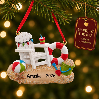 Adirondack beach chair christmas ornament hanging on a lit Christmas tree with a Made Just For You gift tag