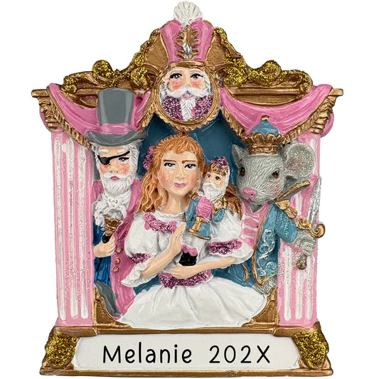 Nutcracker Suite ornament featuring Clara, Nutcracker, Drosselmeyer, and Mouse King personalized with name and year