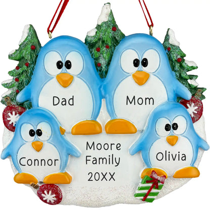 Adorno personalizado de familia de 4 pingüinos