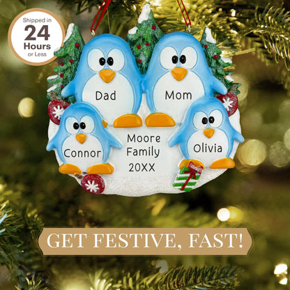 Adorno personalizado de familia de 4 pingüinos