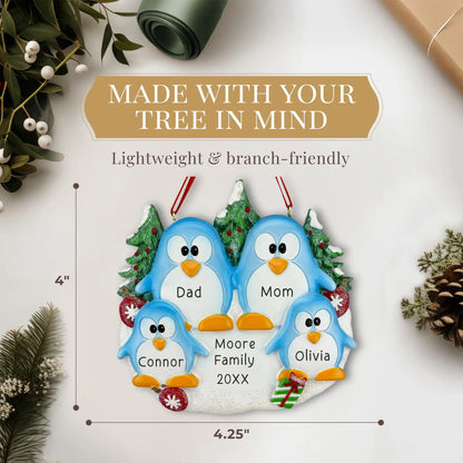 Adorno personalizado de familia de 4 pingüinos