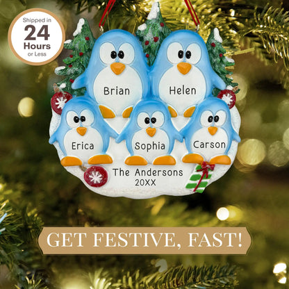 Penguin Family of 5 Personalized Ornament