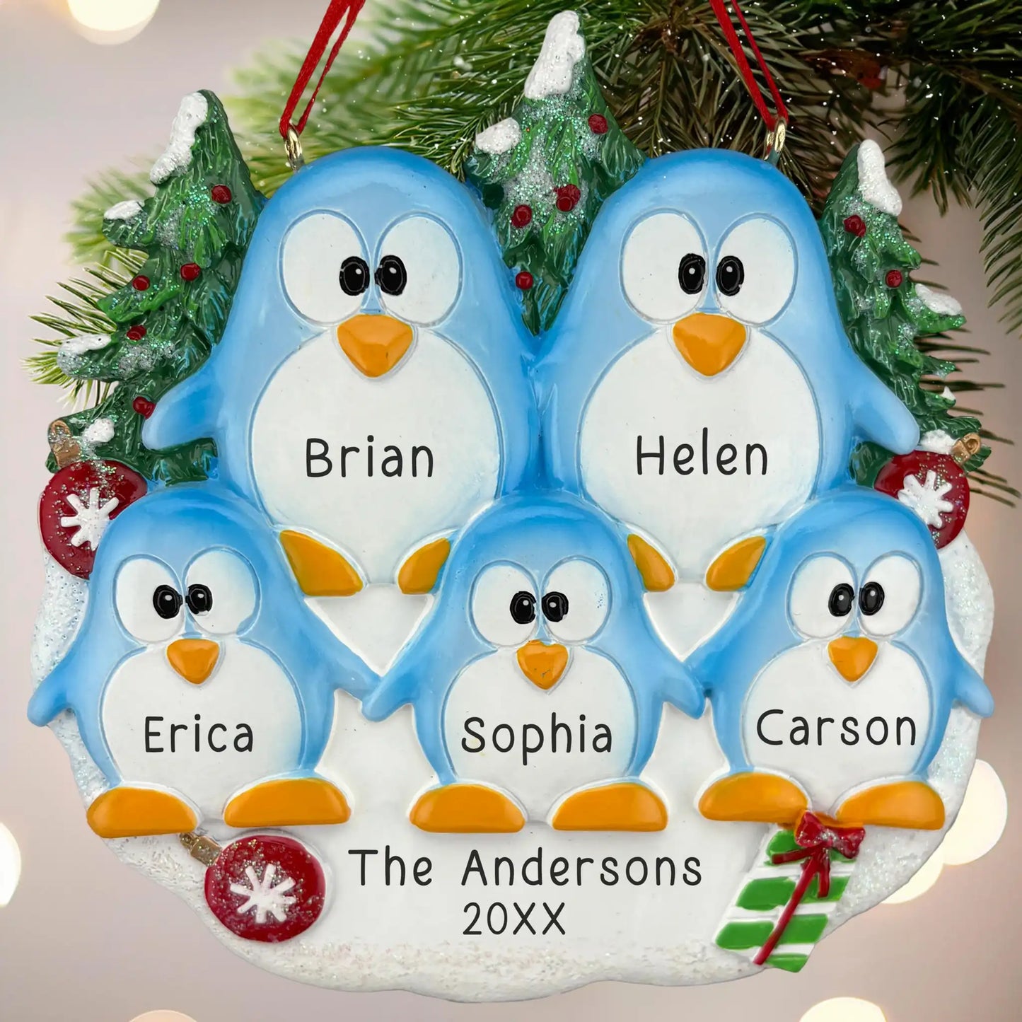 Penguin Family of 5 Personalized Ornament
