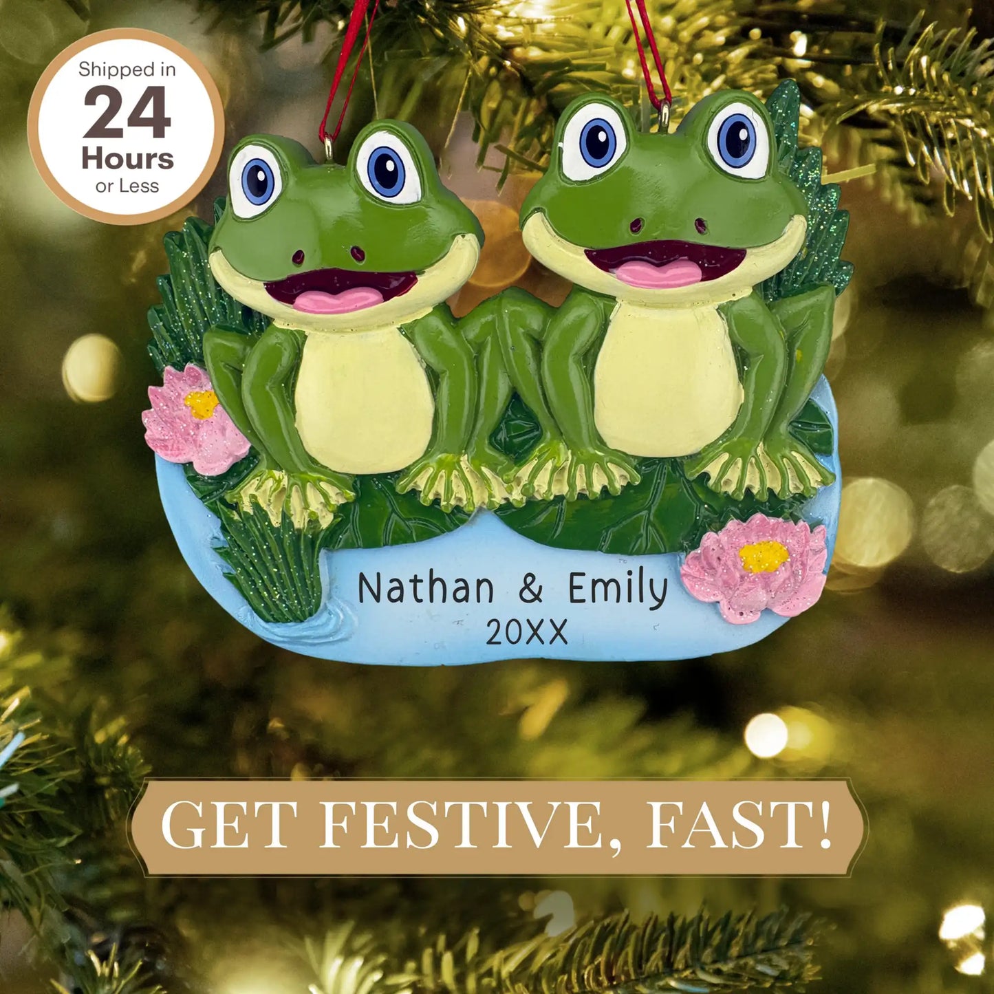 Adorno personalizado de pareja de ranas en el estanque