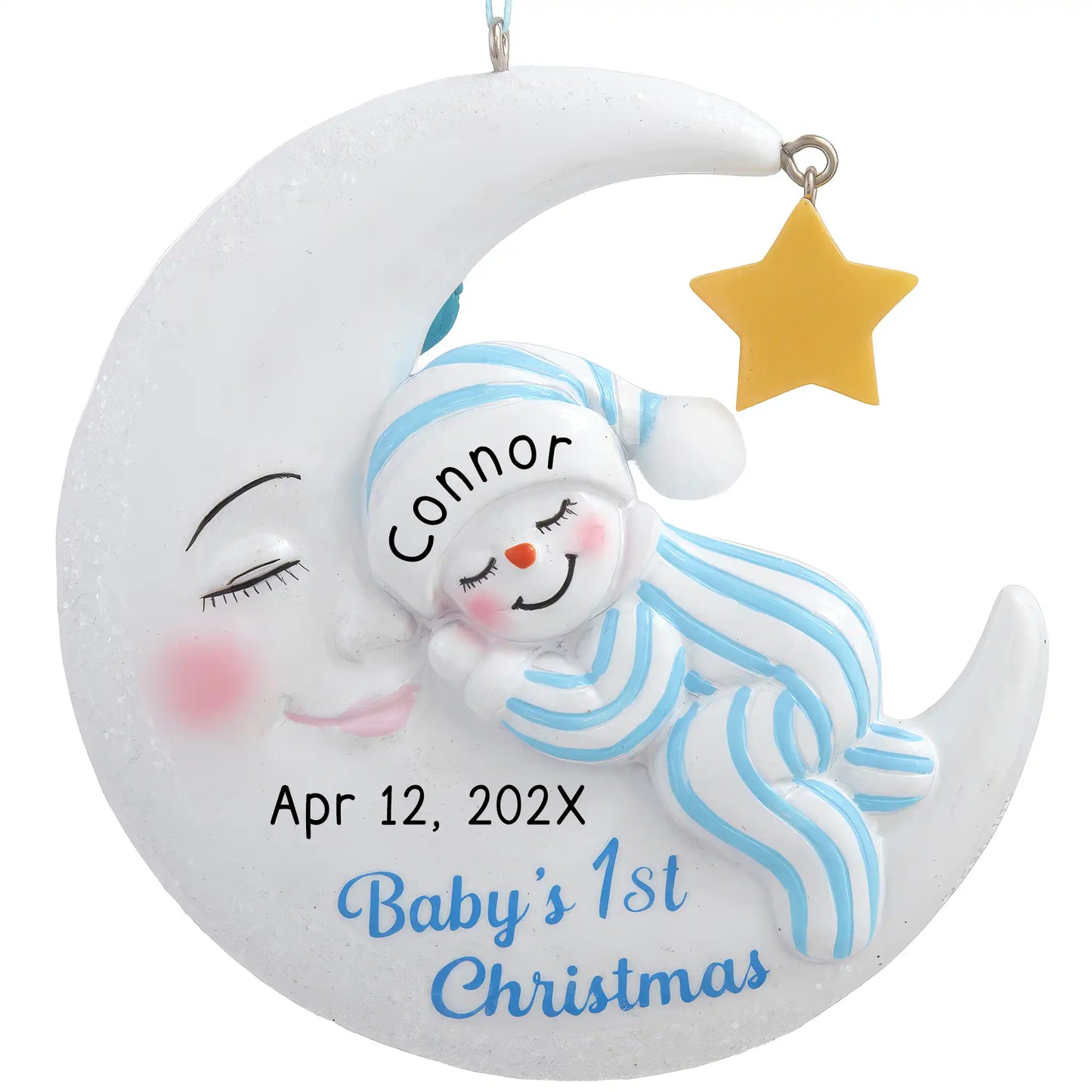 Personalized baby boy first Christmas ornament, blue snowman on a crescent moon, custom name and date