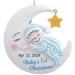 Personalized baby boy first Christmas ornament, blue snowman on a crescent moon, custom name and date