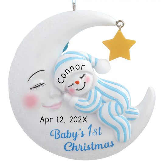 Personalized baby boy first Christmas ornament, blue snowman on a crescent moon, custom name and date