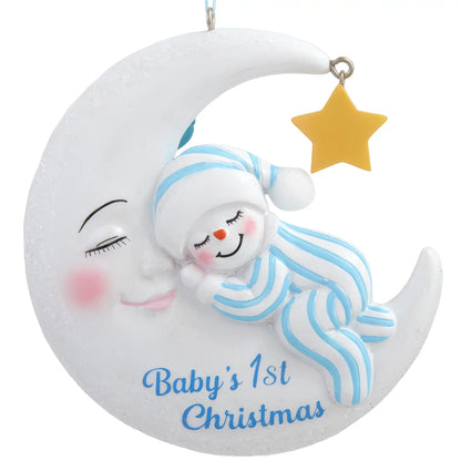 Blank blue snowman on moon ornament before the custom name and date are engraved, baby boy first Christmas keepsake