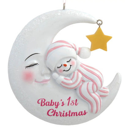Blank pink snowman on moon ornament before the custom name and date are engraved, baby girl first Christmas keepsake