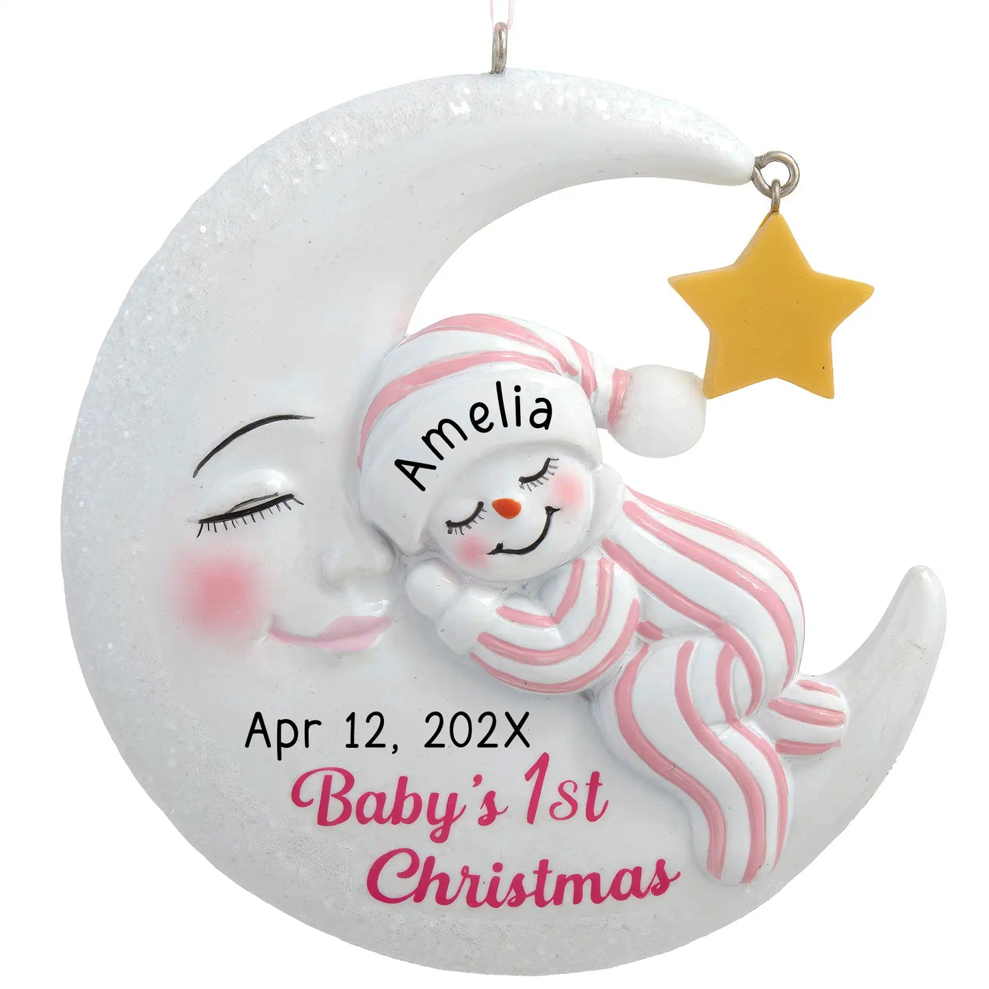 Personalized baby girl first Christmas ornament, pink snowman on a crescent moon, custom name and date