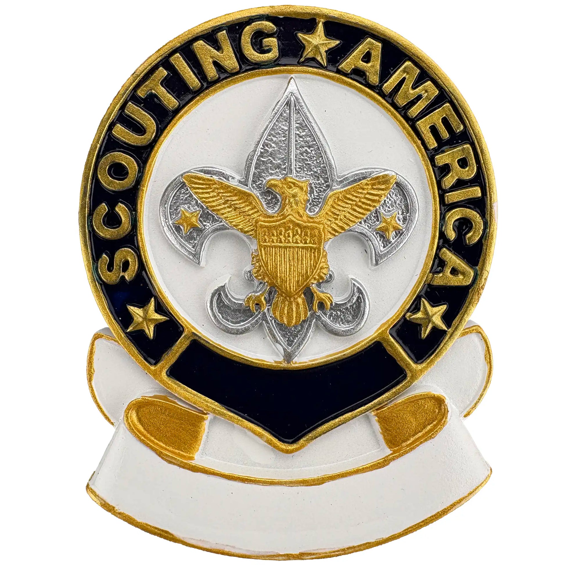 Personalized Scouting America Christmas ornament with gold eagle, silver fleur-de-lis and official emblem on white banner, customizable with name and year
