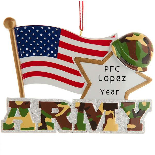 Personalized Army Christmas ornament with American flag, white star, camouflage helmet, and ARMY letters on glittery base, customizable with name and year