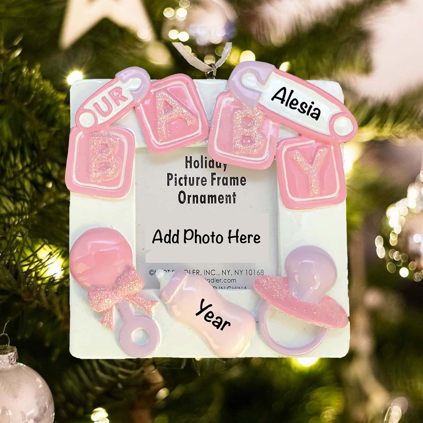 C6556G Personalized Pink Baby Photo Frame Christmas Ornament