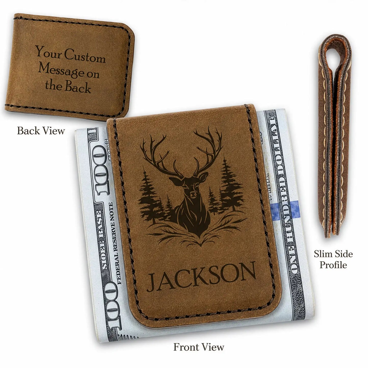 Brown leather wallet with deer design and 'Jackson' text, featuring a dollar bill insert.