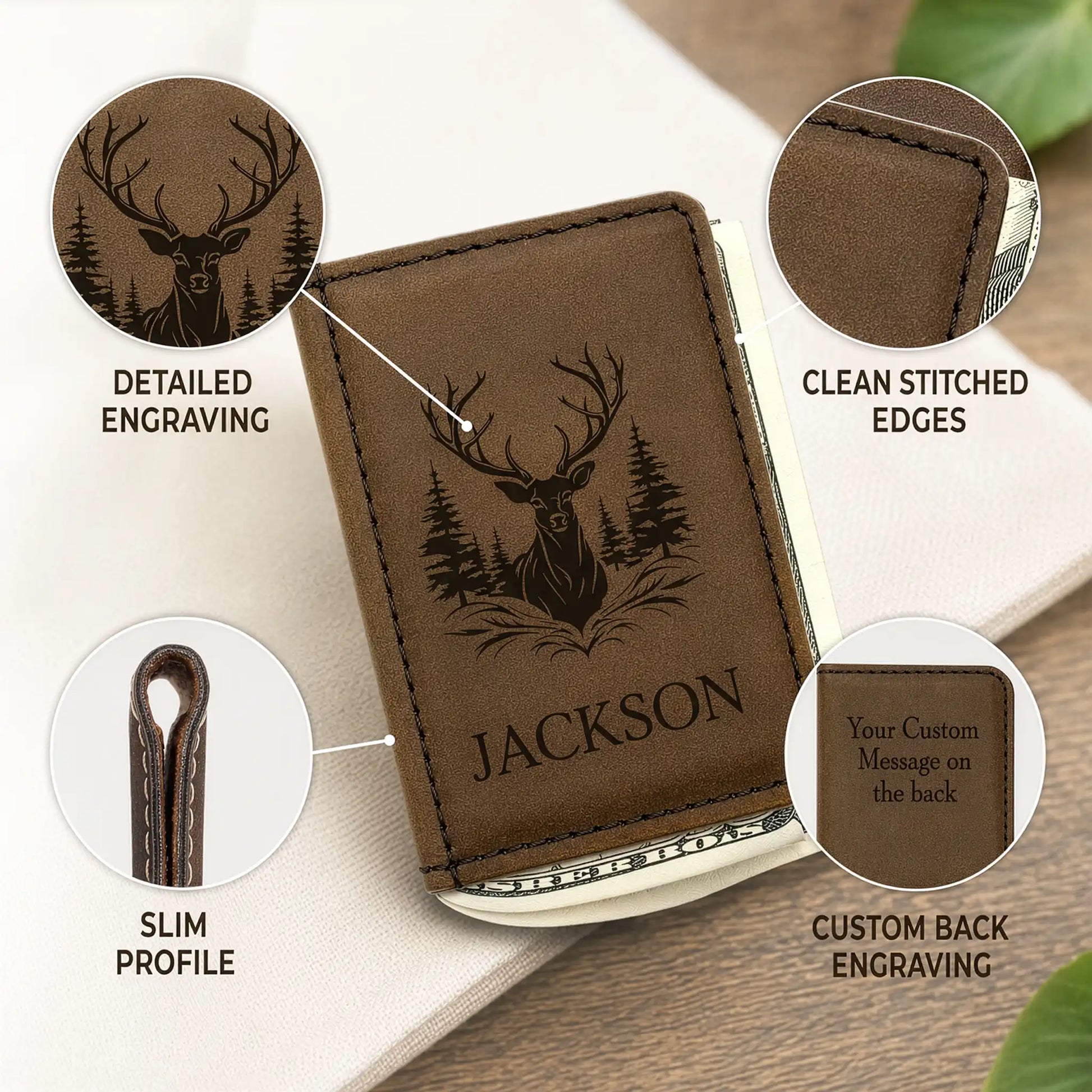 Brown leather wallet with deer engraving and 'JACKSON' text, surrounded by close-up details on a neutral background.
