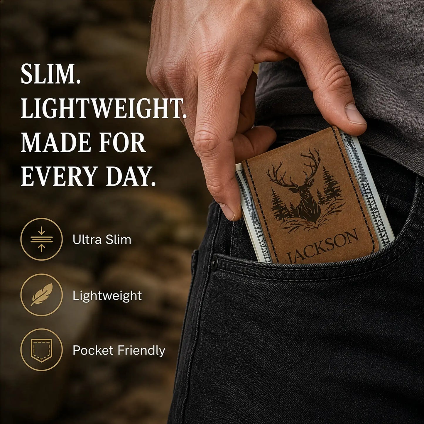 Hand inserting a brown leather wallet with a deer design into a pocket, with text highlighting features.