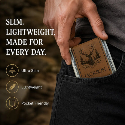 Hand inserting a brown leather wallet with a deer design into a pocket, with text highlighting features.