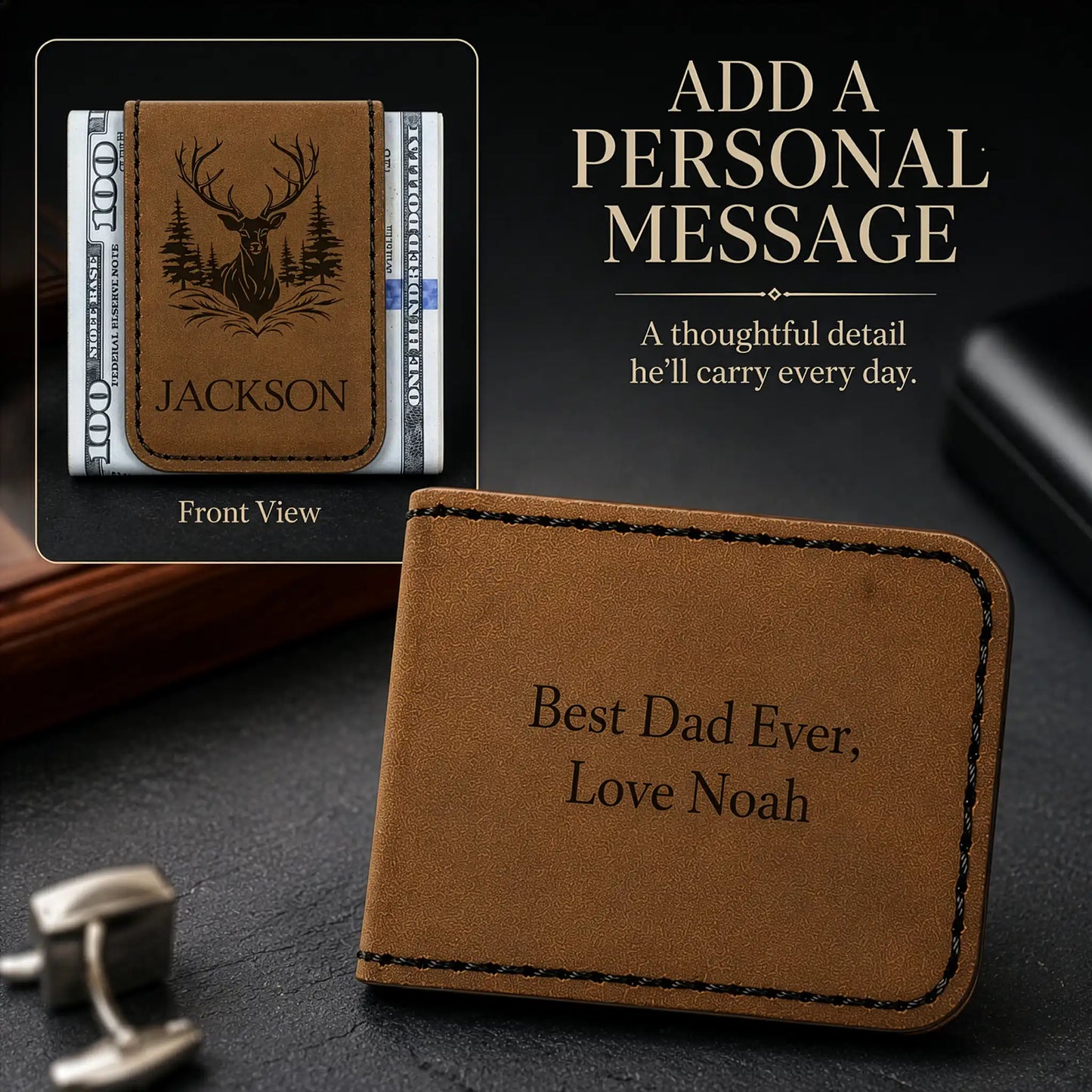 Brown leather wallet with engraved message on a dark surface