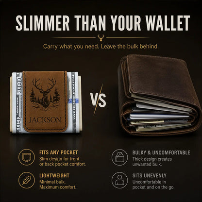 Comparison of a slim wallet and a bulky wallet with text highlighting features.