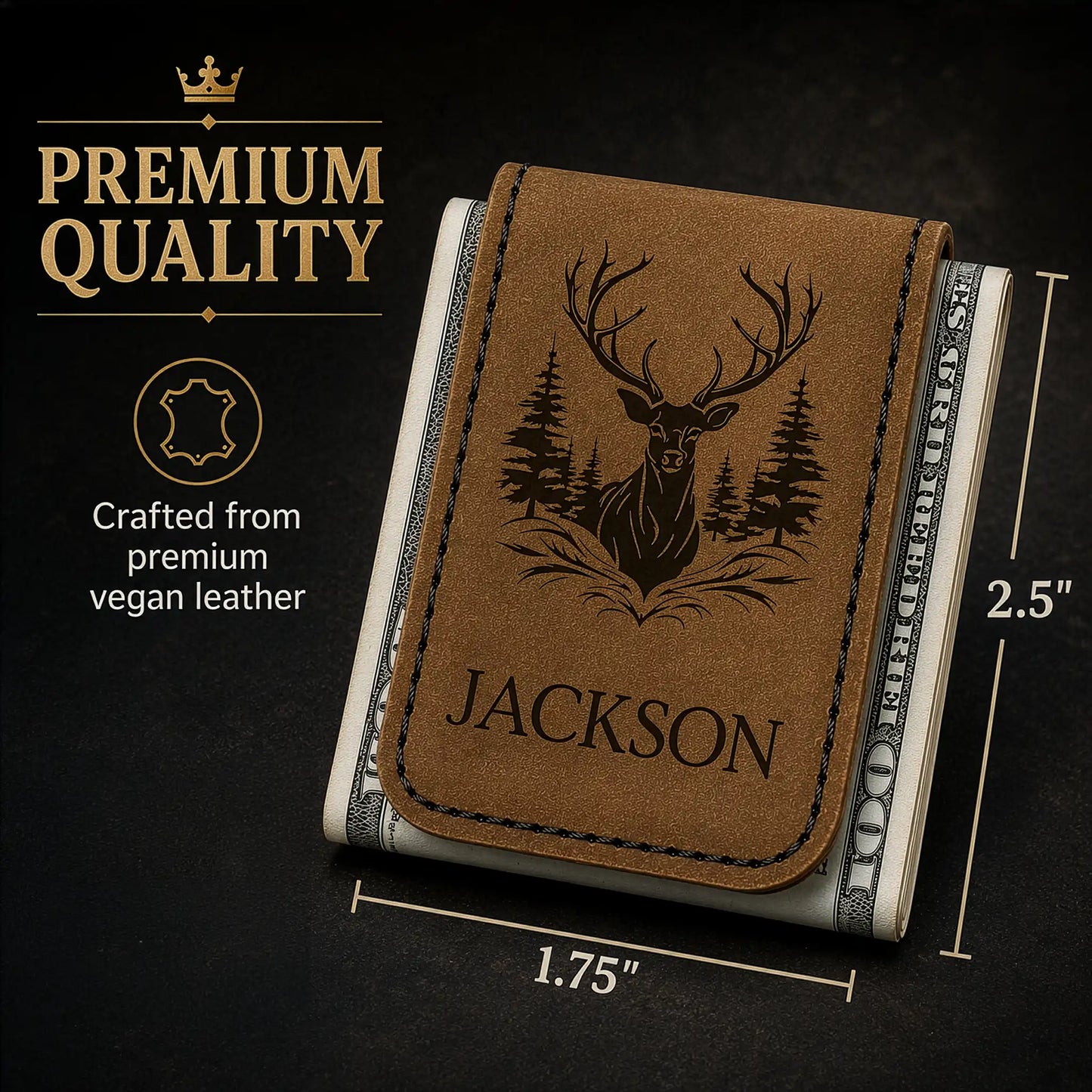 Brown leather wallet with deer design and 'Jackson' branding on a black background