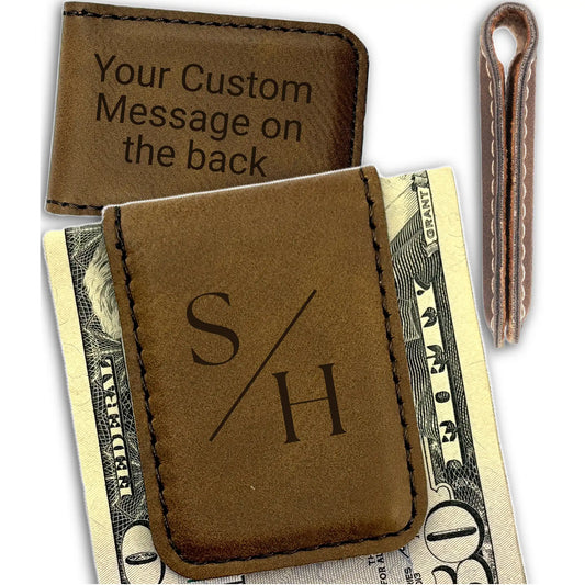 Brown leather money clip with 'S/H' initials on a dollar bill, with text 'Your Custom Message on the back'.