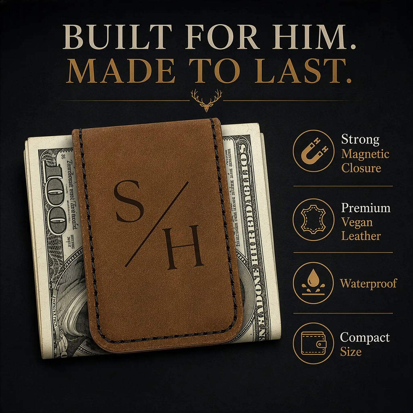 Brown leather money clip with monogram on a stack of money against a black background with text 'Built for Him. Made to Last'.