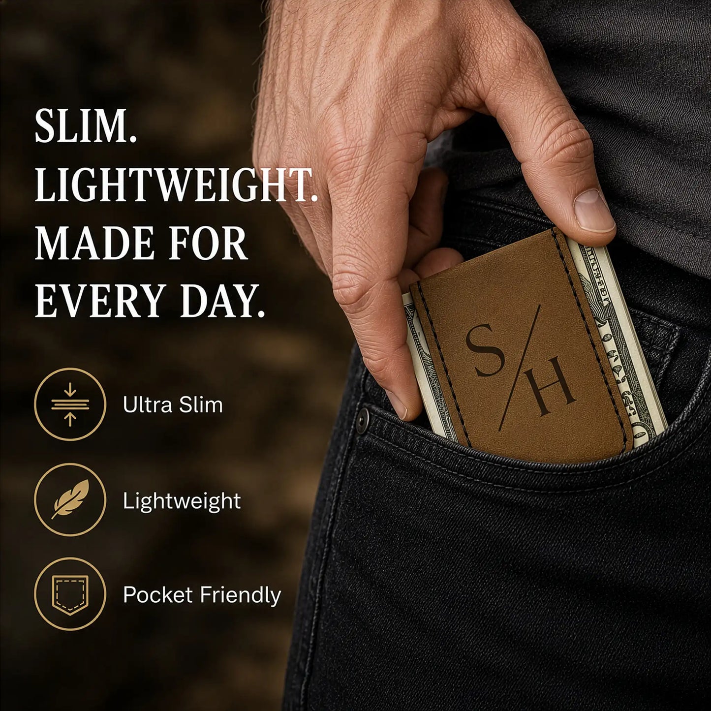 Hand inserting a brown leather wallet into a pocket with text highlighting features.