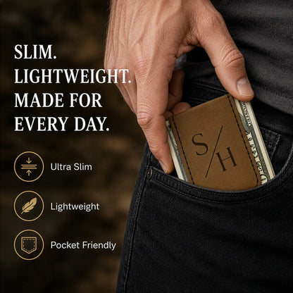Hand inserting a brown leather wallet into a pocket with text highlighting features.