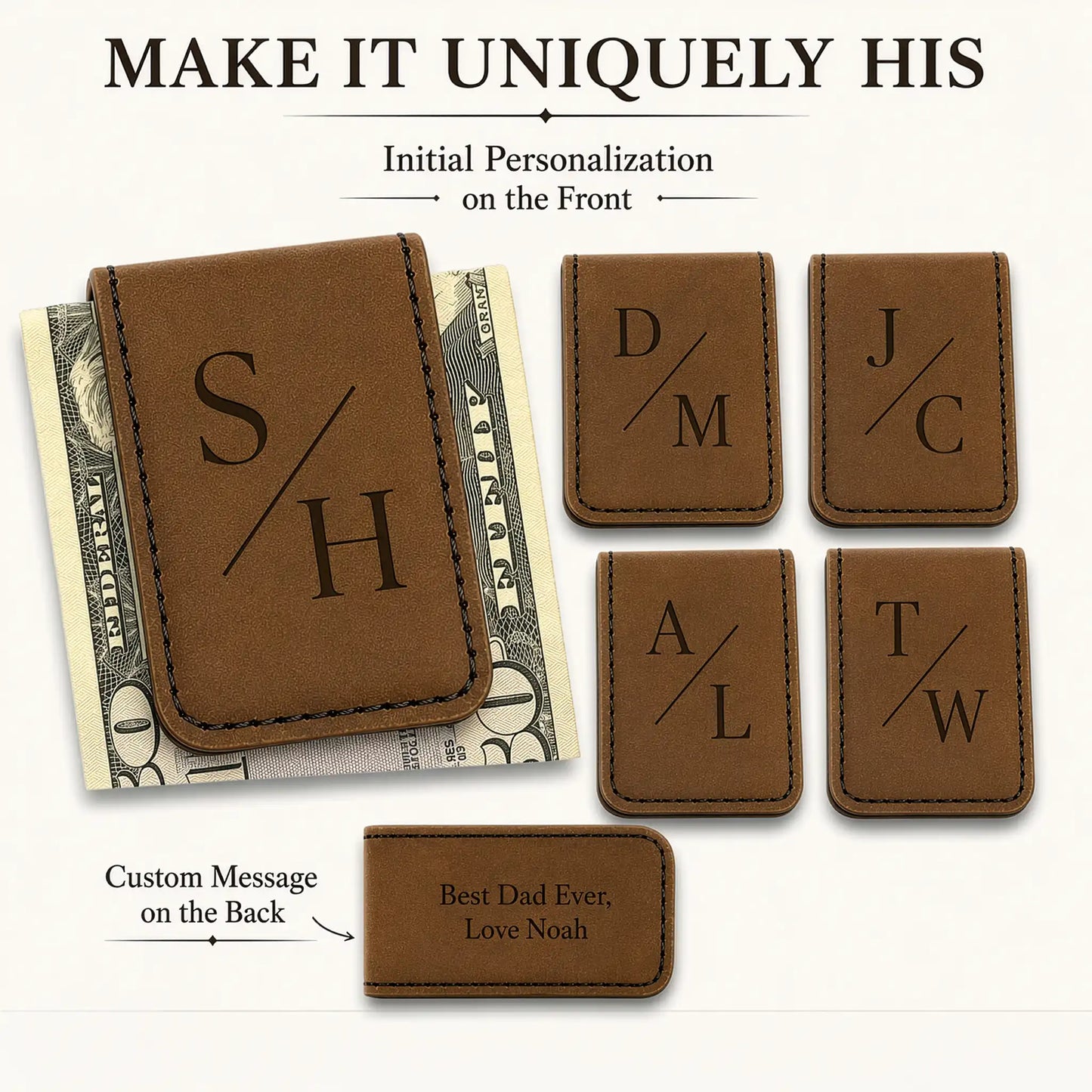 personalized money clip with initials design and custom message on back