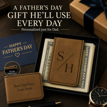 Personalized money clip sitting on a desk with various men's items 