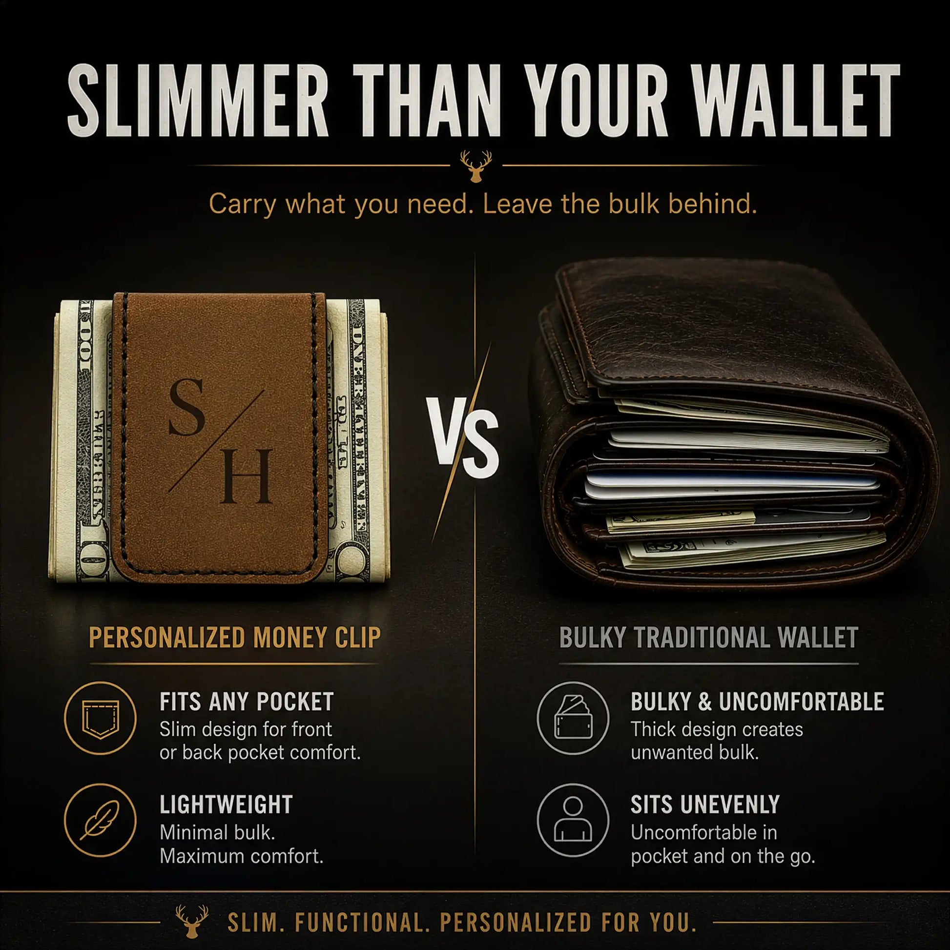 comparison image between a personalized money clip and bulky wallet