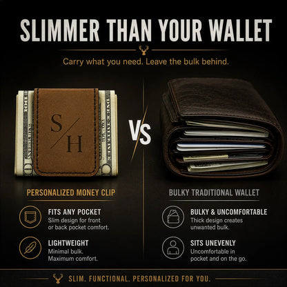 comparison image between a personalized money clip and bulky wallet