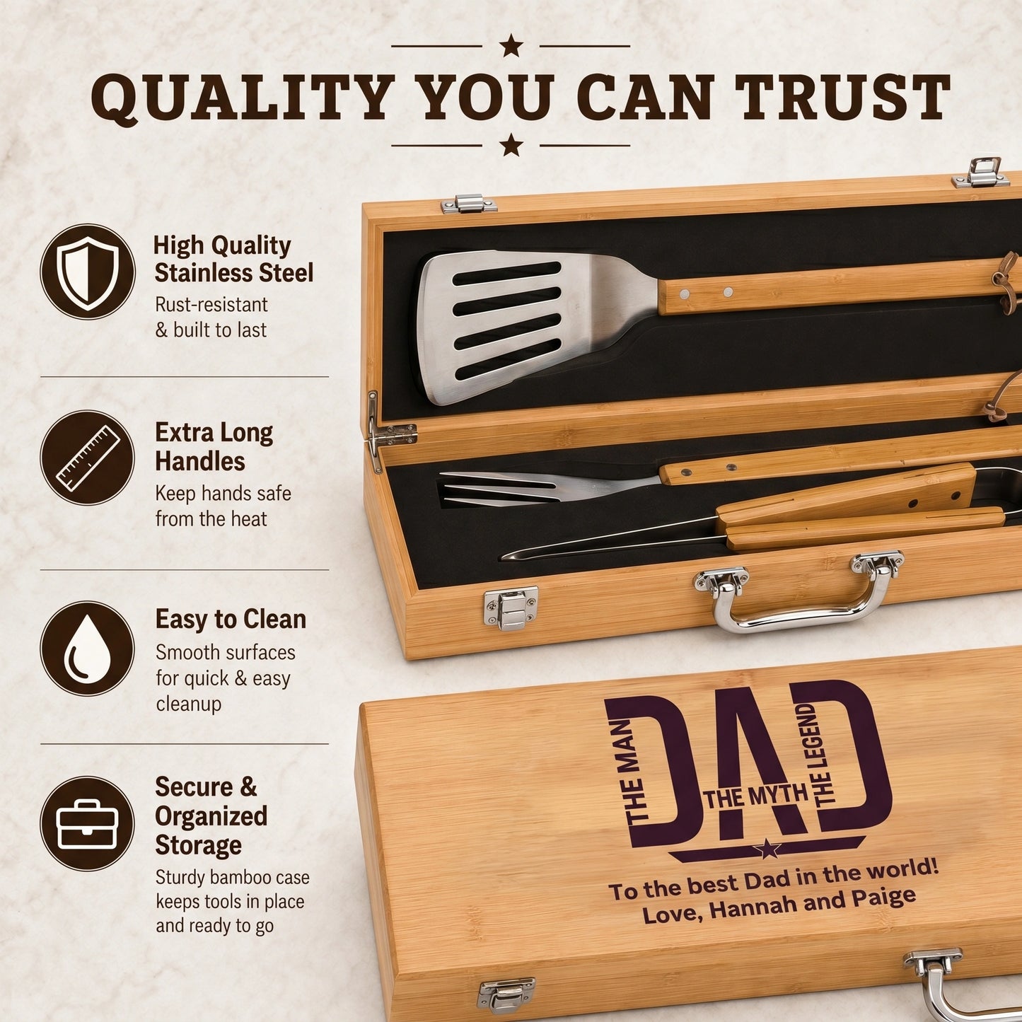 Barbecue tool set in a wooden case with engraved message, featuring high-quality stainless steel and extra long handles.